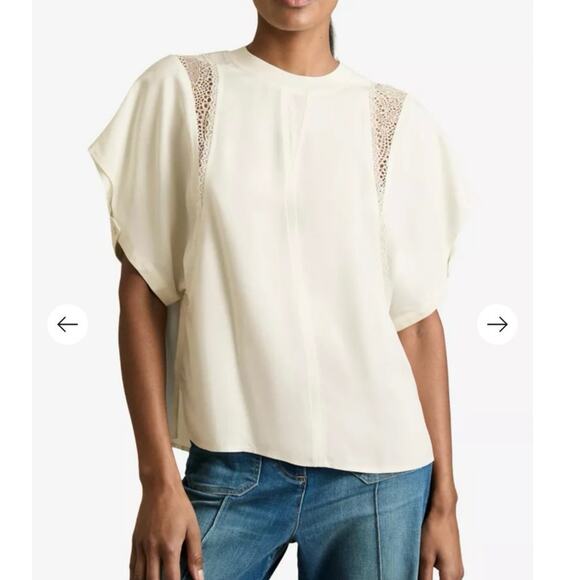 NWOT Women’s Reiss Harlowe Lace-Insert Woven T-Shirt in Cream SZ 2 - Picture 1 of 9